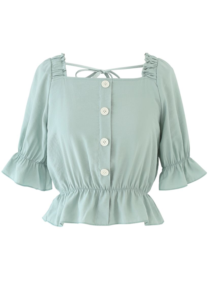 Button Embellished Square Neck Crop Top in Mint - Retro, Indie and ...