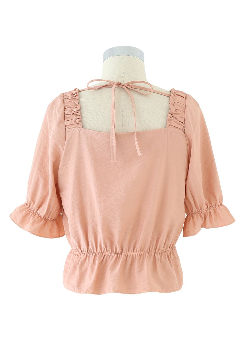 Button Embellished Square Neck Crop Top in Coral