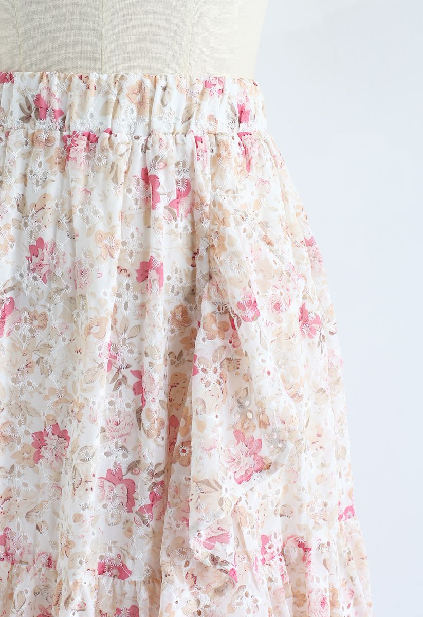 Floral Print Ruffle Eyelet Embroidered Chiffon Skirt in Pink