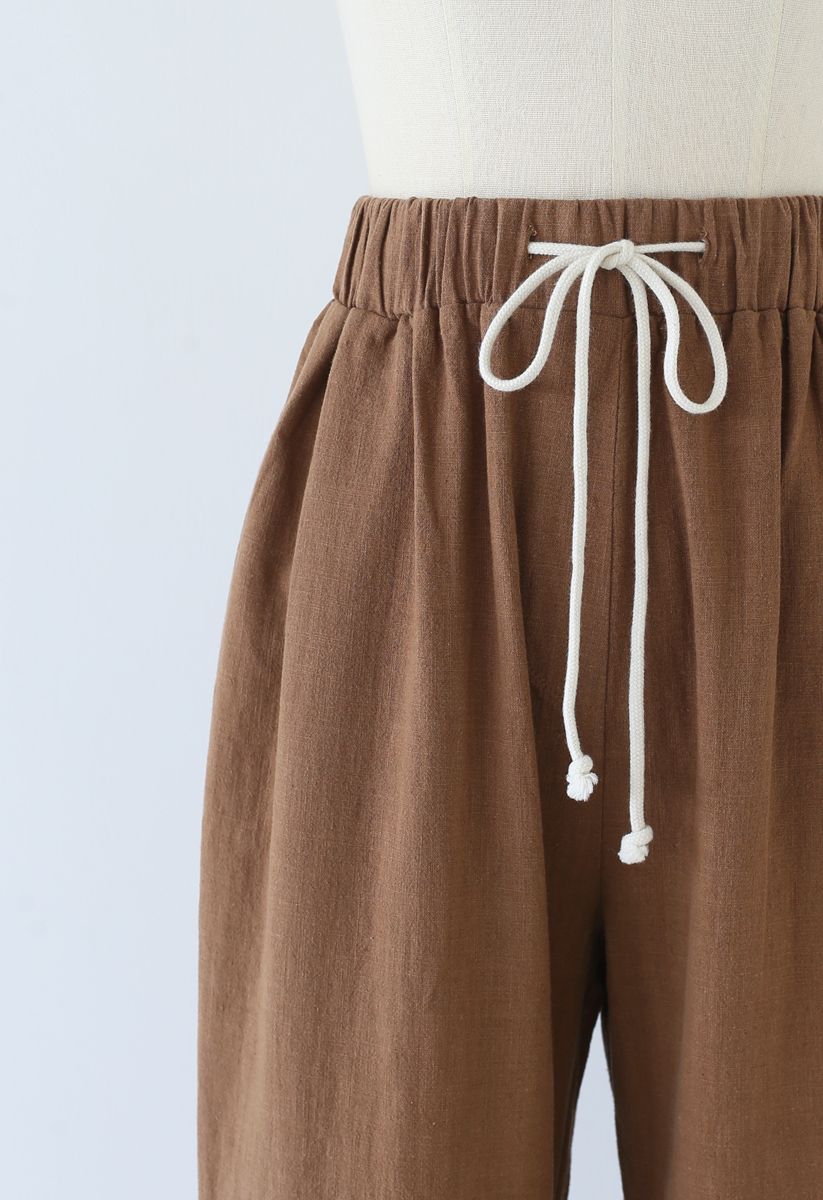Drawstring Waist Wide-Leg Pants in Caramel