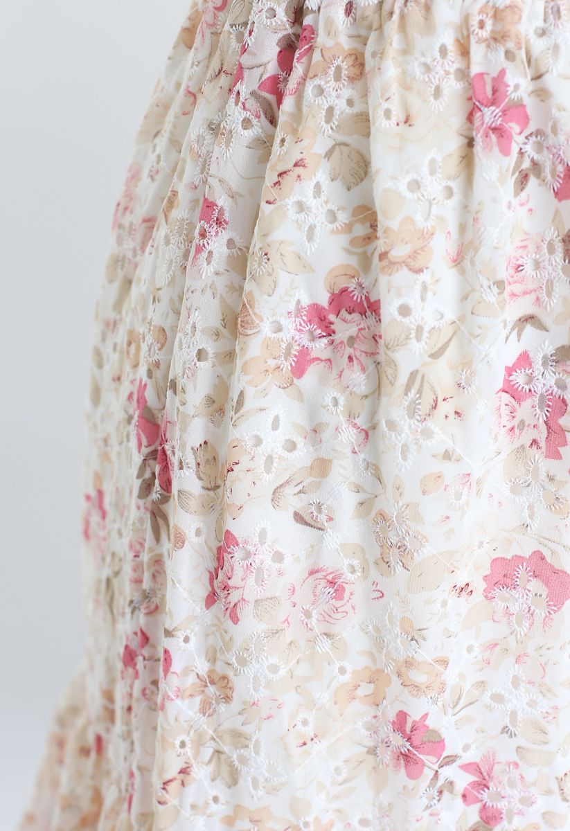 Floral Print Ruffle Eyelet Embroidered Chiffon Skirt in Pink