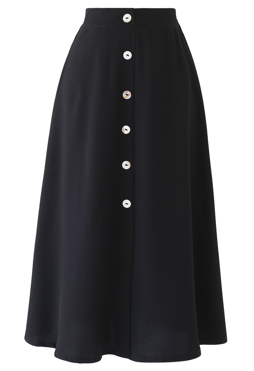 Split Shell Button Trim Midi Skirt in Black - Retro, Indie and Unique ...
