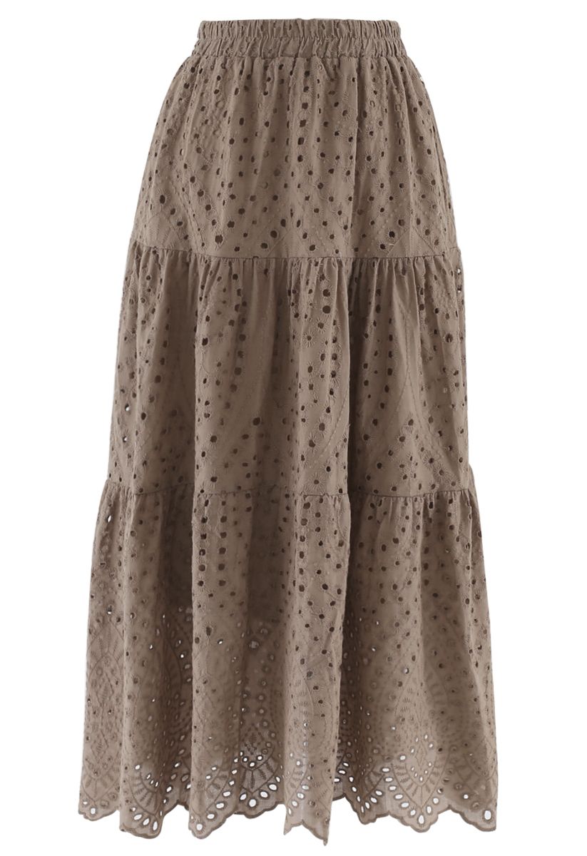 Frill Hem Broderie Cotton Midi Skirt in Taupe