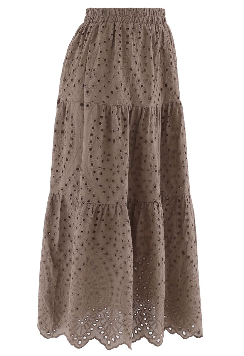 Frill Hem Broderie Cotton Midi Skirt in Taupe