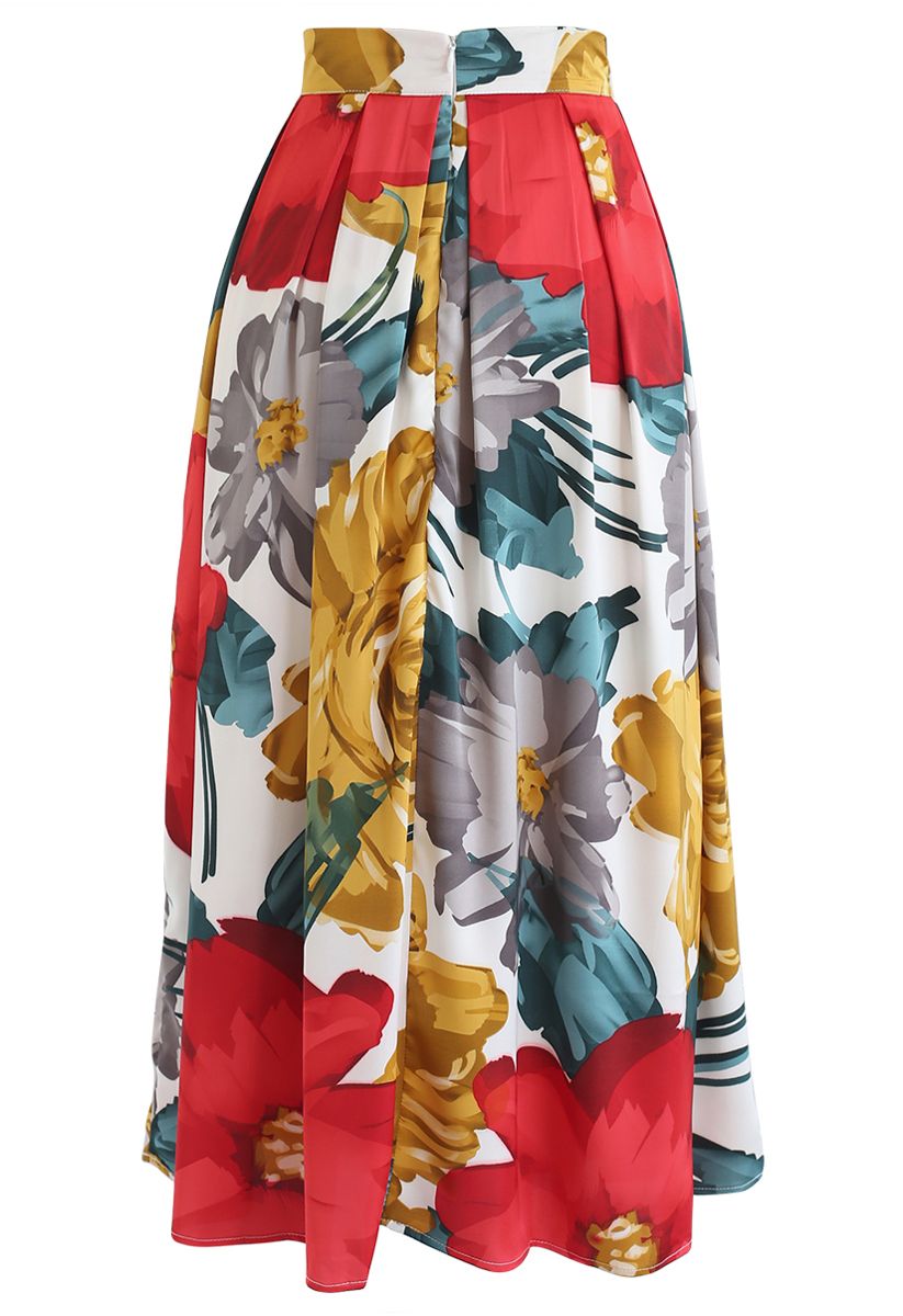 Brilliant Floral Print Pleated Midi Skirt