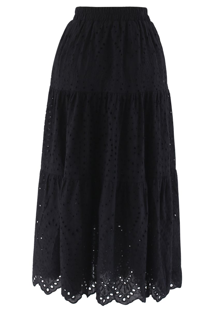 Frill Hem Broderie Cotton Midi Skirt in Black - Retro, Indie and Unique ...