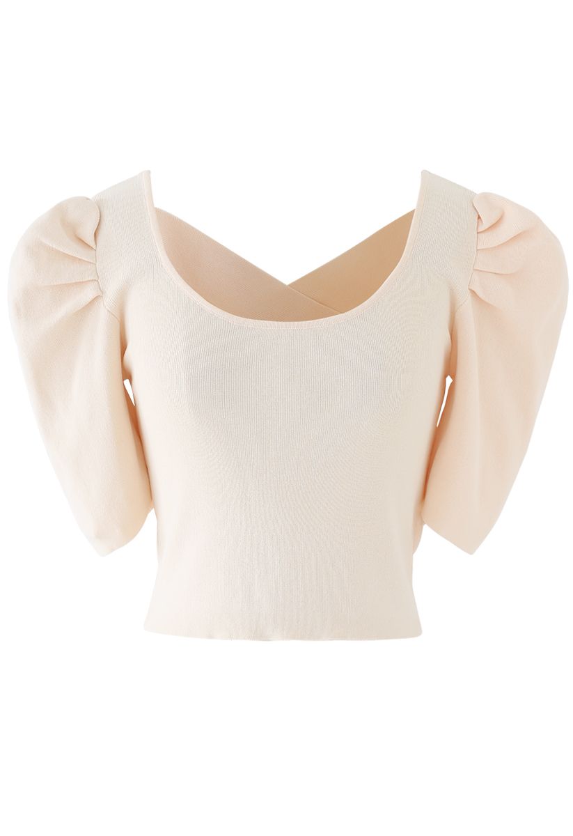 Cross Back Puff Mid-Sleeve Knit Top in Cream - Retro, Indie and Unique ...
