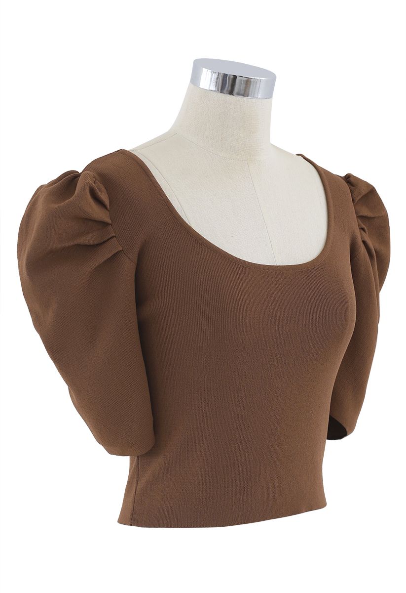 Cross Back Puff Mid-Sleeve Knit Top in Caramel