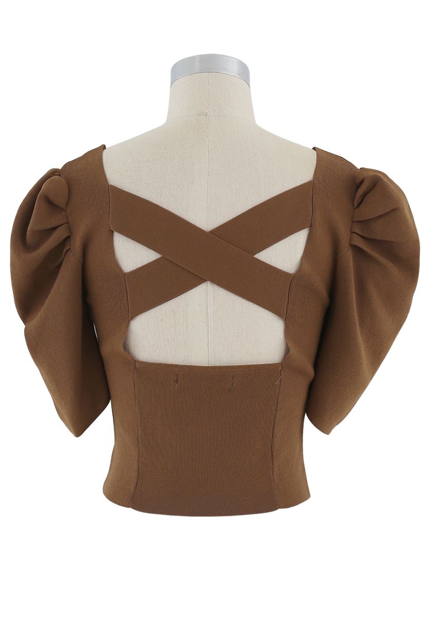 Cross Back Puff Mid-Sleeve Knit Top in Caramel