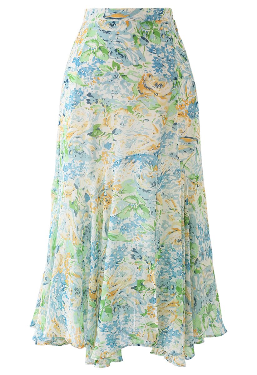 Abstract Rose Print Frilling Chiffon Midi Skirt in Green - Retro, Indie ...