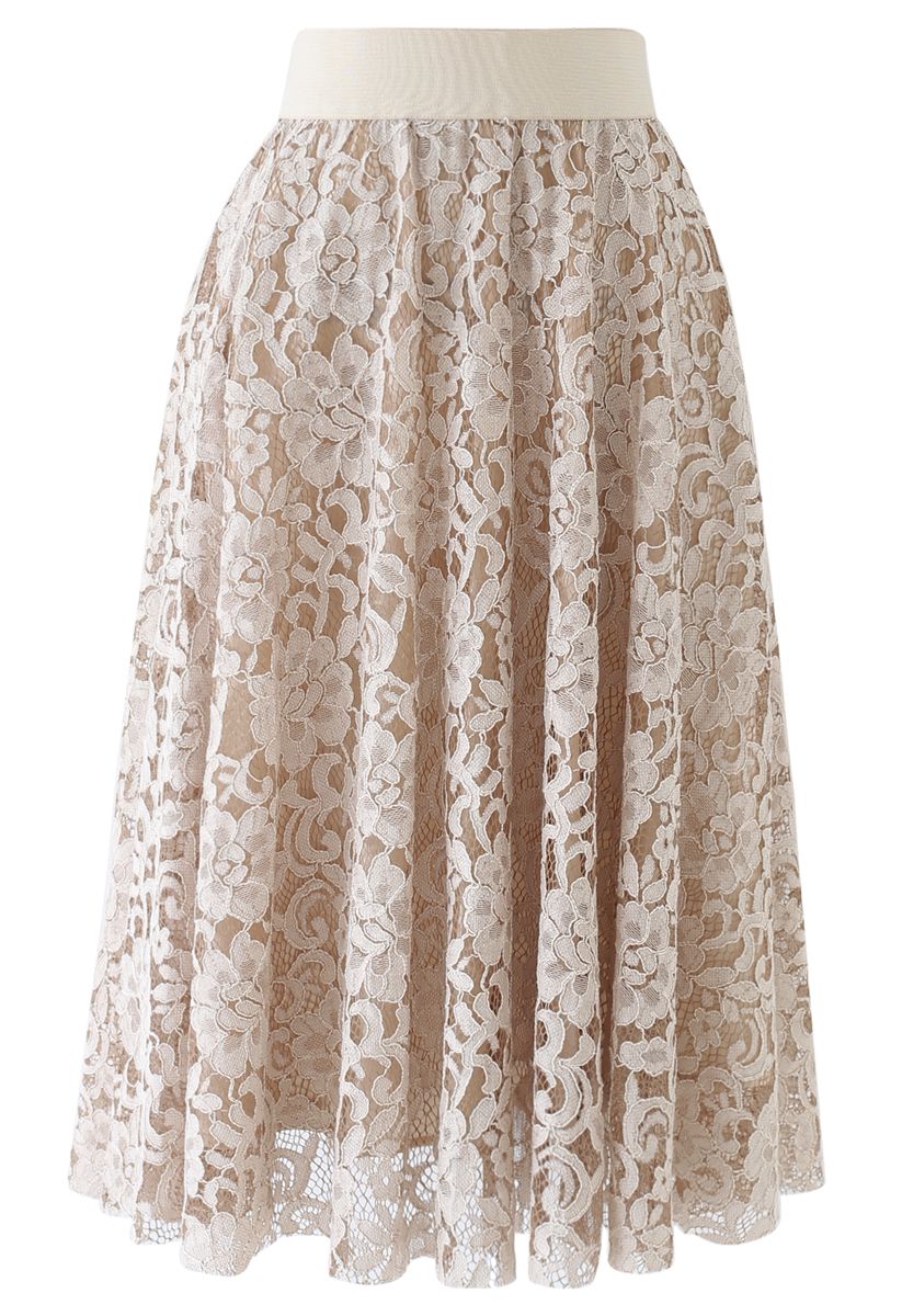 Full Floral Lace Midi Skirt in Light Tan - Retro, Indie and Unique Fashion