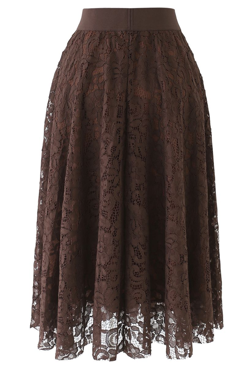 Full Floral Lace Midi Skirt in Brown - Retro, Indie and Unique Fashion