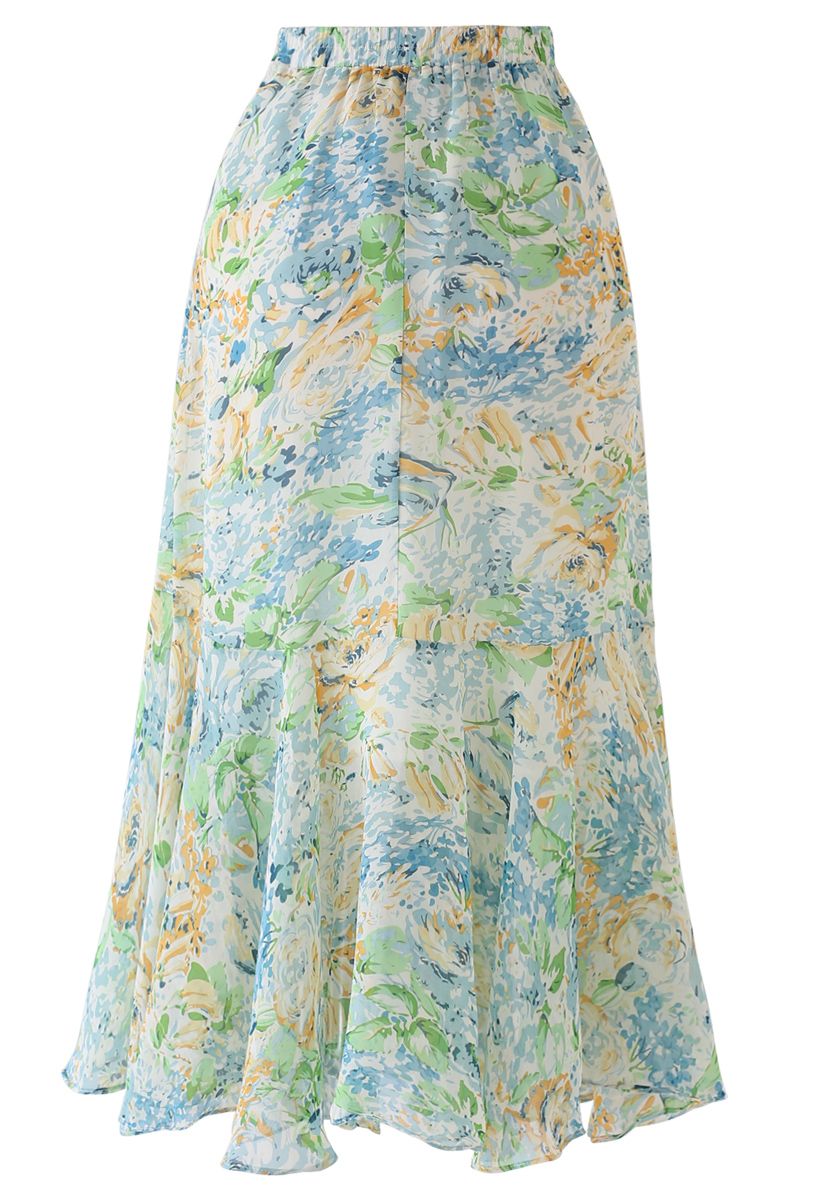 Abstract Rose Print Frilling Chiffon Midi Skirt in Green - Retro, Indie ...