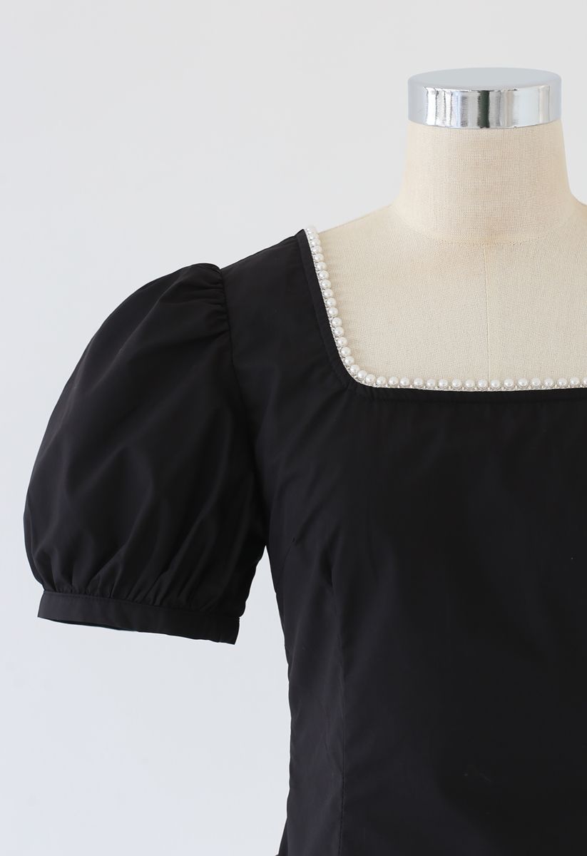 Pearl Trim Square Neck Puff Sleeves Top in Black