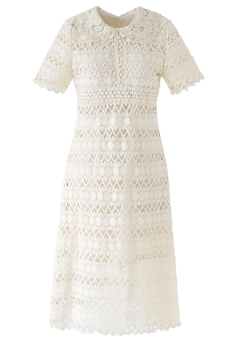 Full Circle and Wavy Lines Crochet Dress in Cream