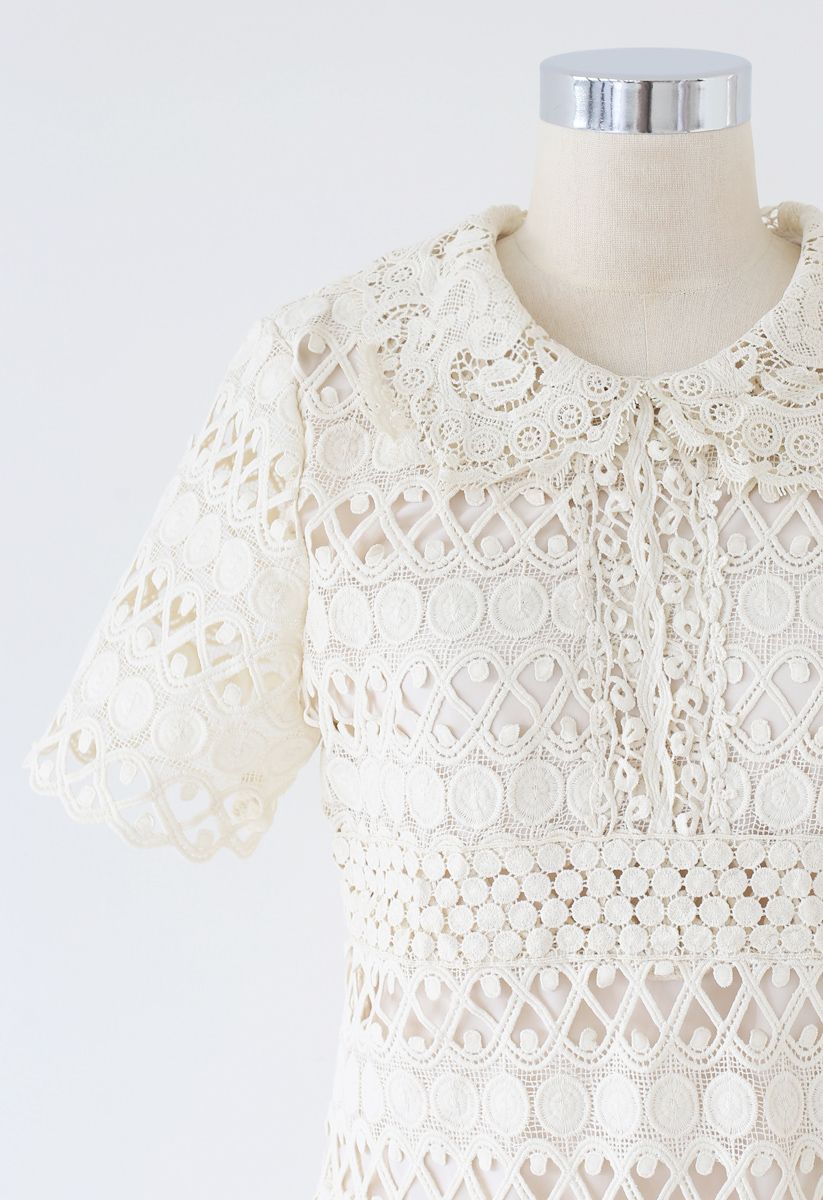 Full Circle and Wavy Lines Crochet Dress in Cream