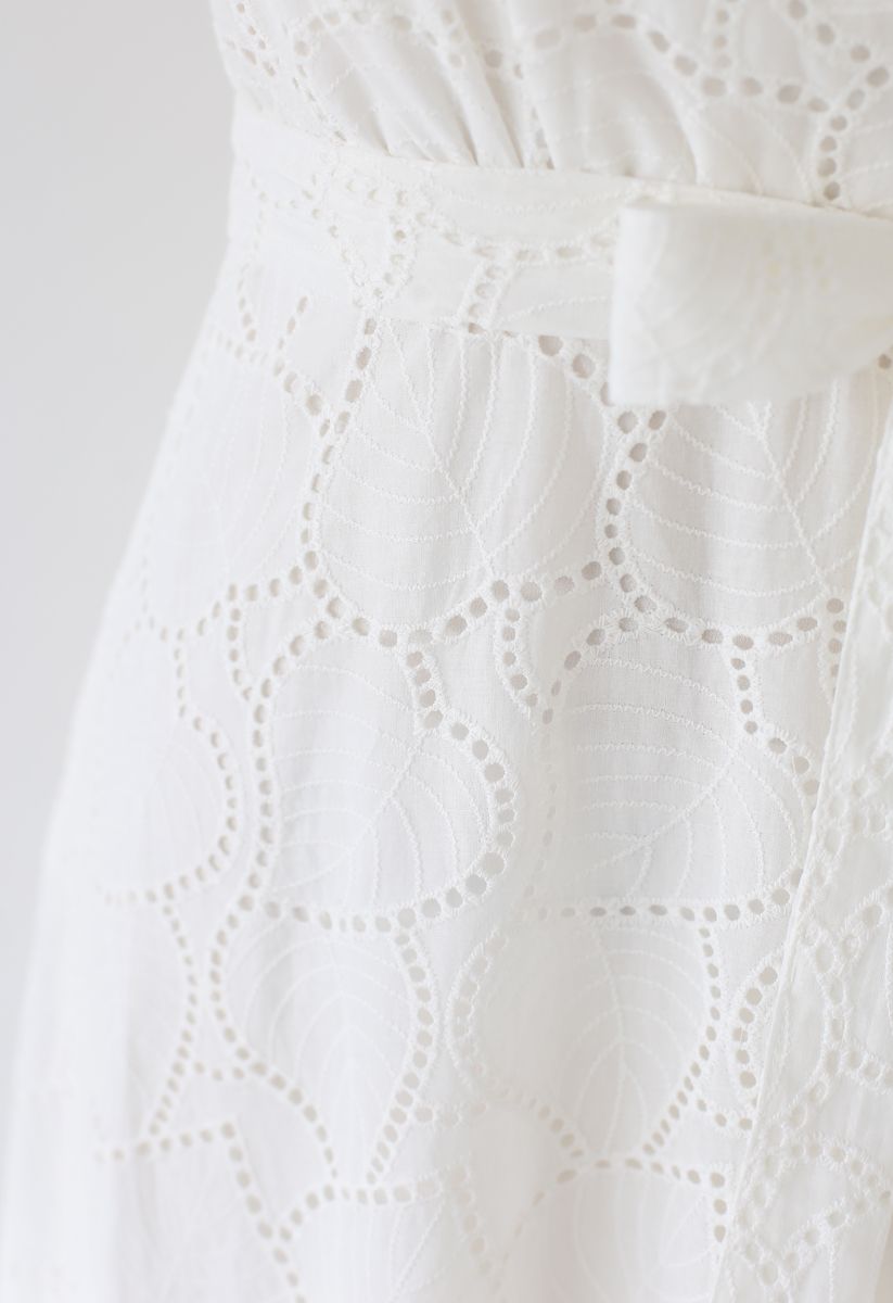 Embroidered Leaves Eyelet Ruffle Dress in White