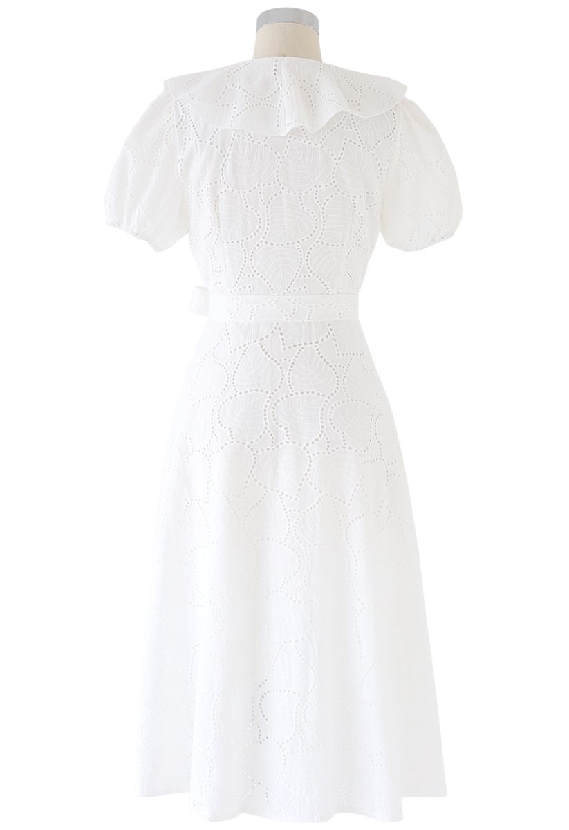 Embroidered Leaves Eyelet Ruffle Dress in White
