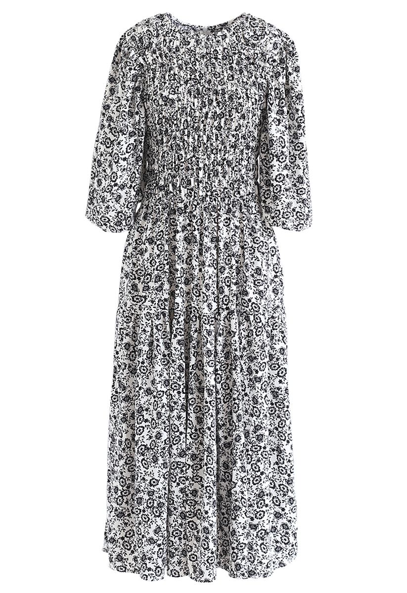 Richly Floret Dots Shirred Maxi Dress in White