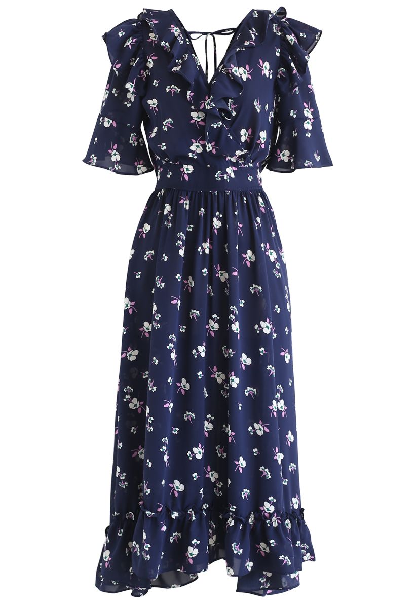 Aflutter Bouquets Print Wrap Maxi Dress in Navy - Retro, Indie and ...