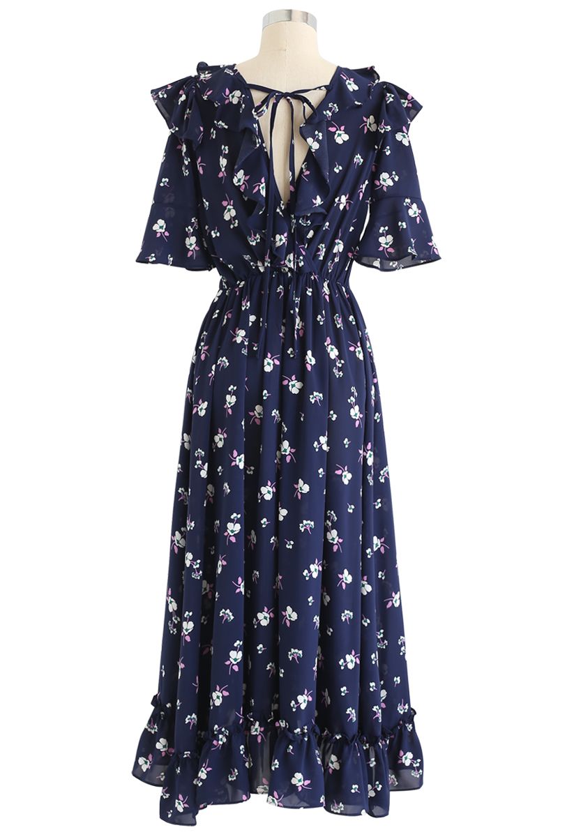 Aflutter Bouquets Print Wrap Maxi Dress in Navy - Retro, Indie and ...