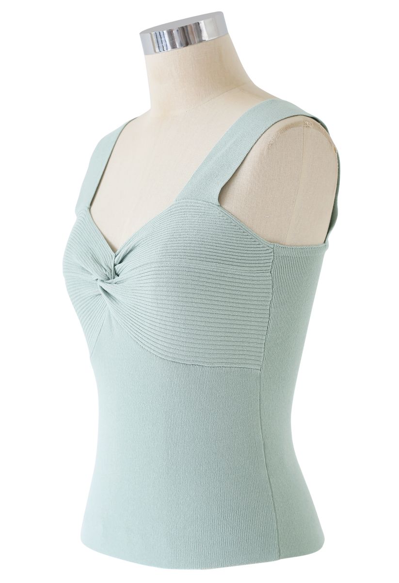 Twist Bust Ribbed Knit Cami Top in Pea Green