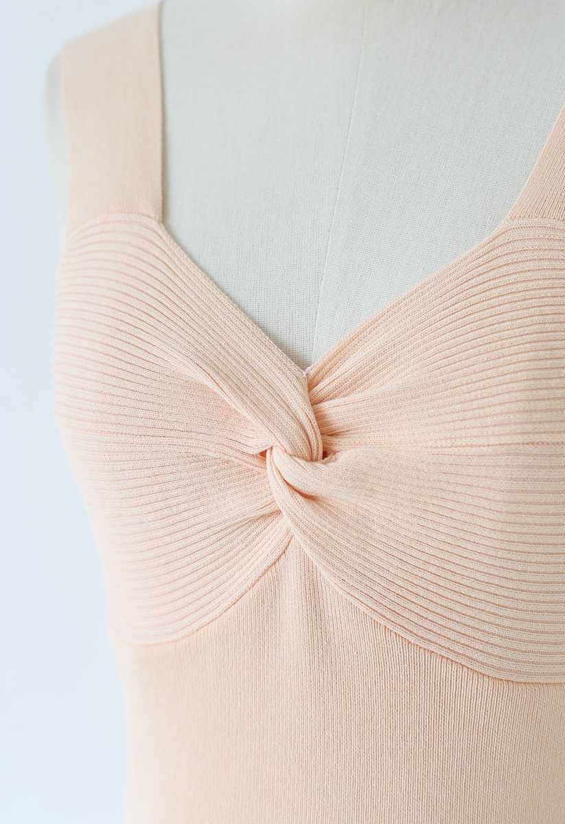 Twist Bust Ribbed Knit Cami Top in Peach
