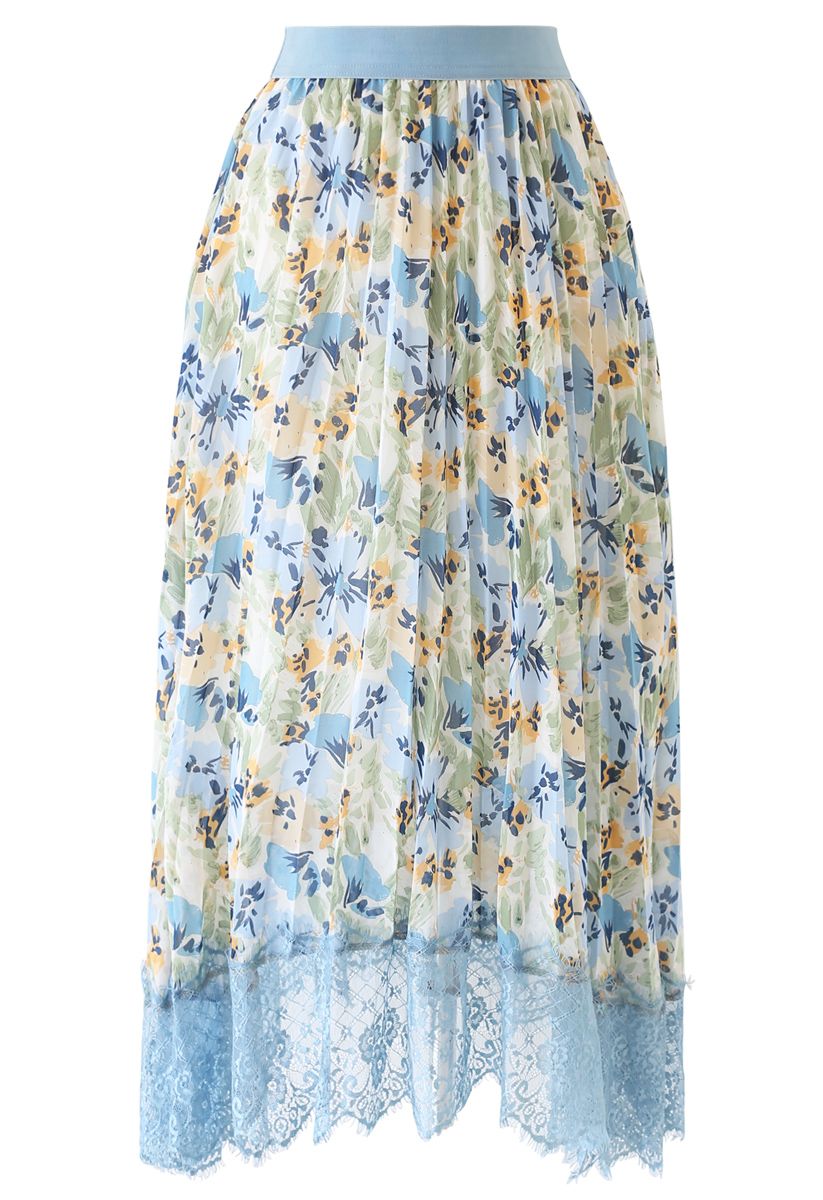 Lace Hem Floral Watercolor Pleated Chiffon Skirt in Dusty Blue