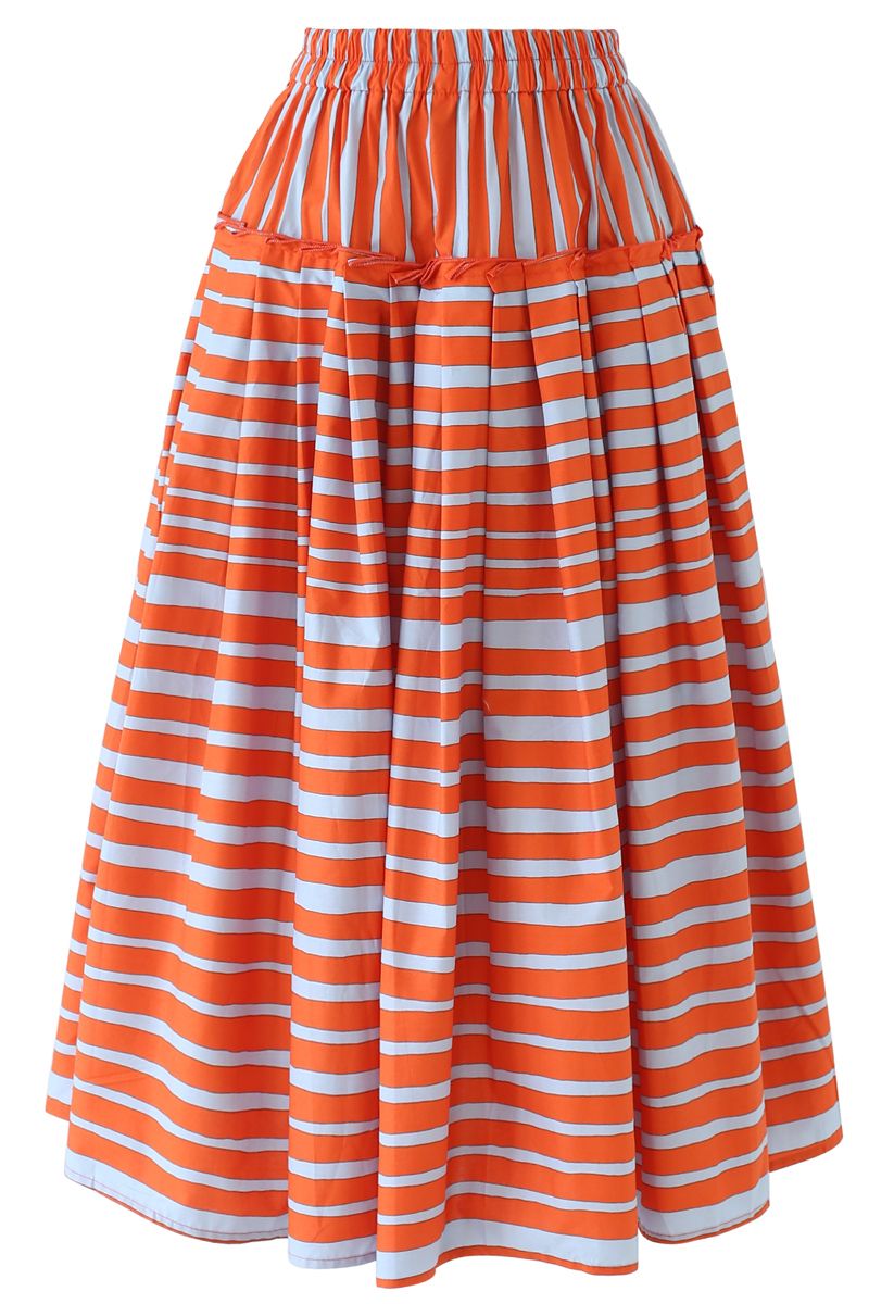 Stripes Print Ruffle Pleated Midi Skirt