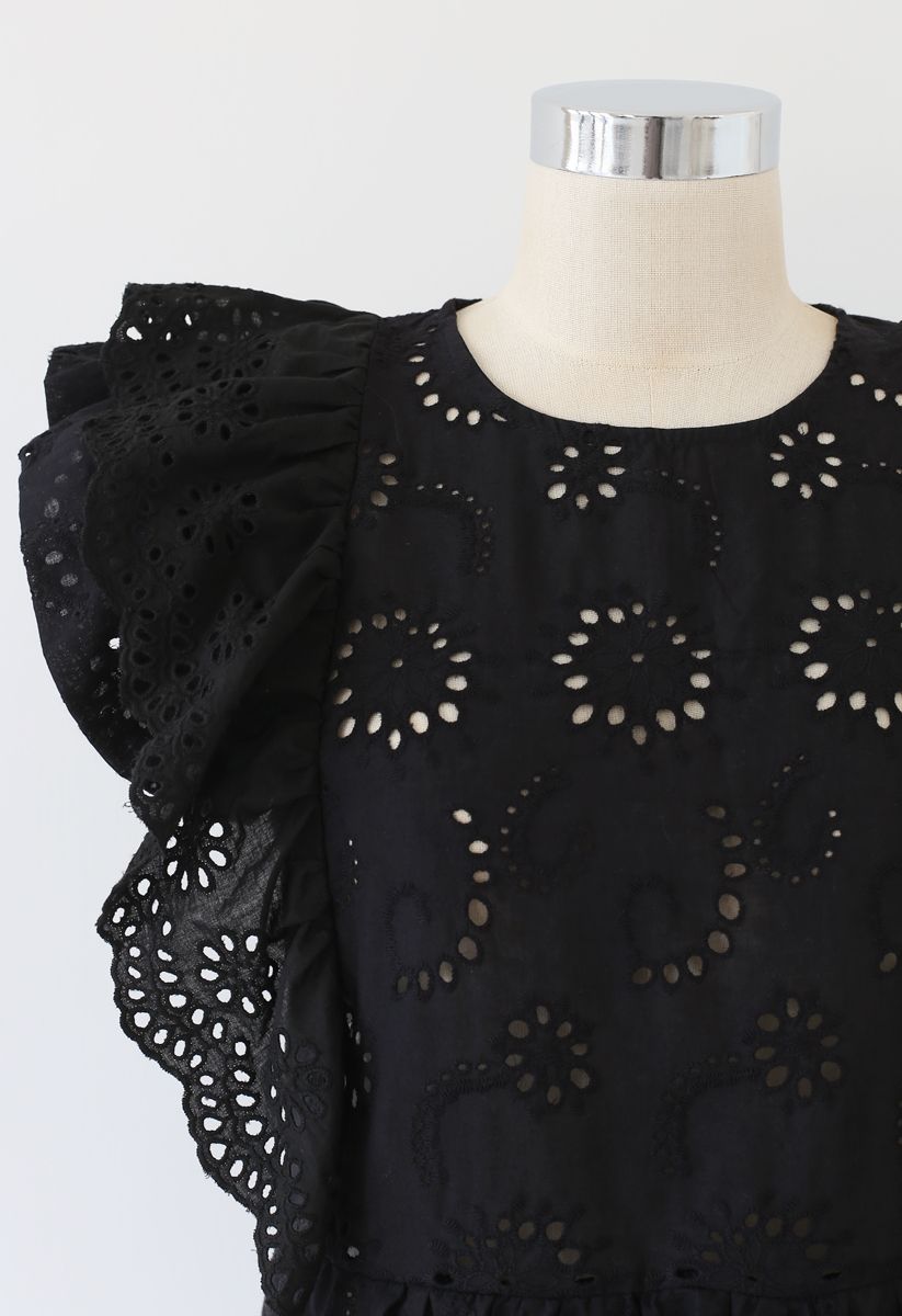 Ruffle Trim Eyelet Embroidery Sleeveless Top in Black
