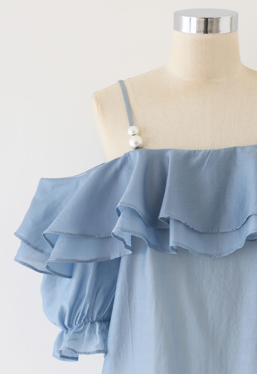 Tiered Ruffle Pearl Trim Cold-Shoulder Top in Blue