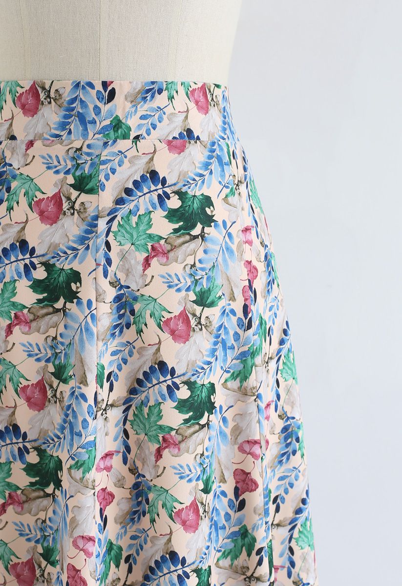 Bright Leaves Print A-Line Midi Skirt