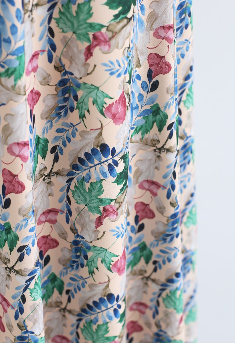 Bright Leaves Print A-Line Midi Skirt