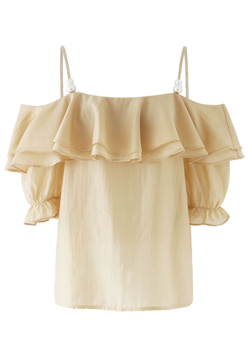 Tiered Ruffle Pearl Trim Cold-Shoulder Top in Mustard - Retro, Indie ...