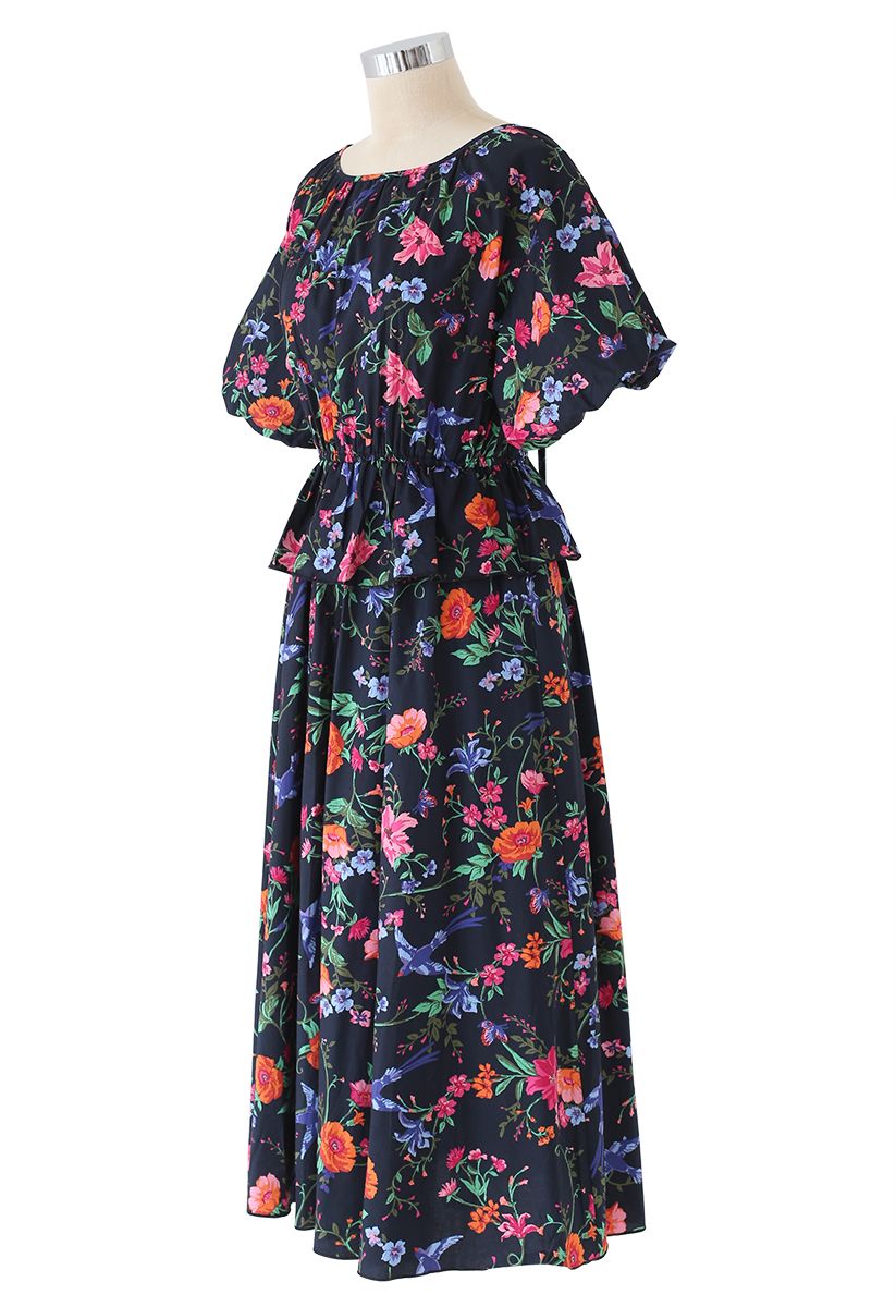 Flower and Swallow Print Puff Sleeves Midi Dress - Retro, Indie and ...