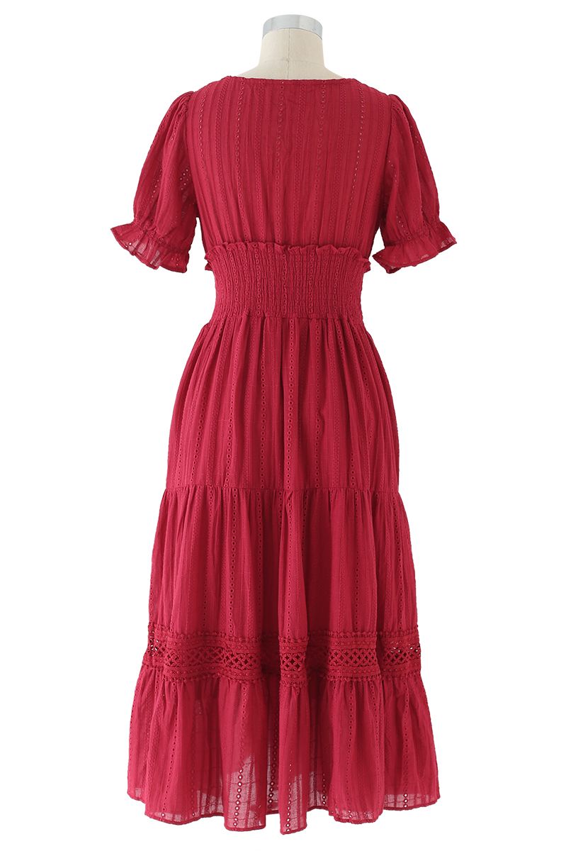 Embroidery Eyelet Shirred Frill Boho Dress in Red