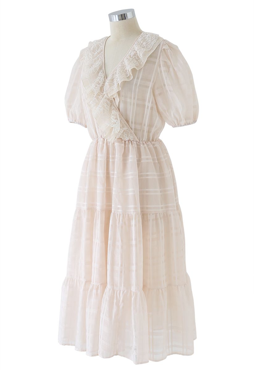 Lace Trim Plaid Organza Dress in Cream