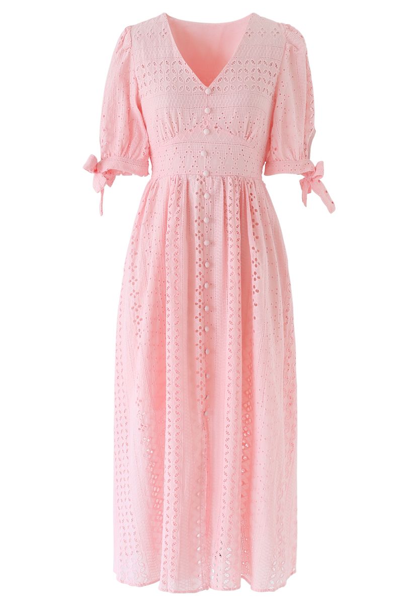 Geo Eyelet Embroidered Button Down V-Neck Midi Dress in Peach