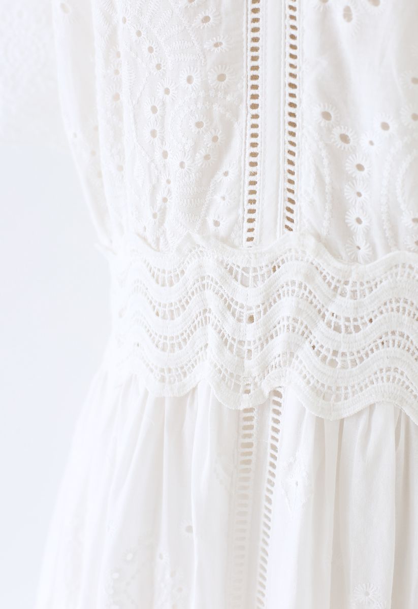 Diamond Embroidery Eyelet Frill Hem Dress in White