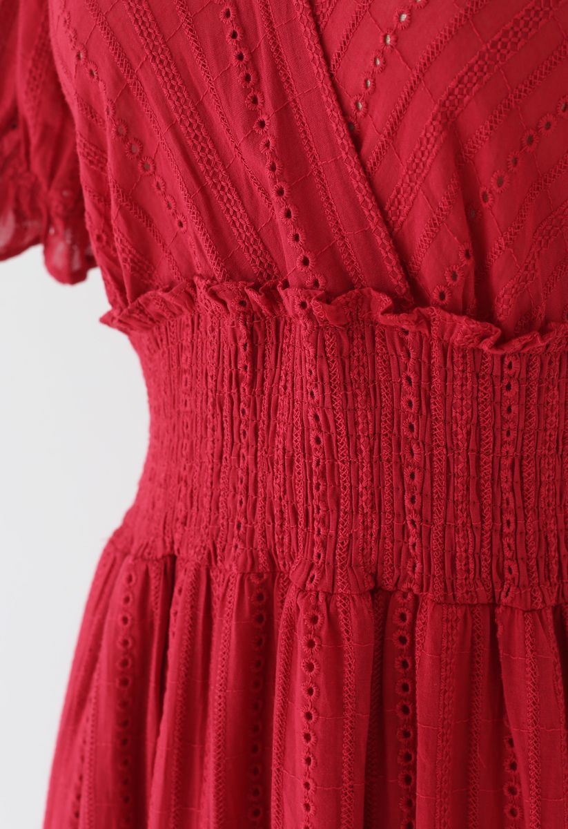 Embroidery Eyelet Shirred Frill Boho Dress in Red