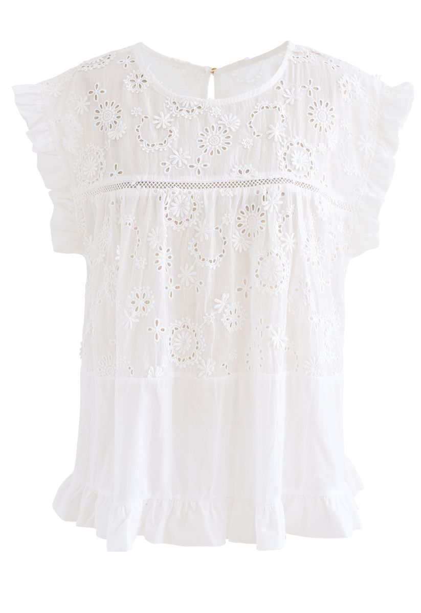Embroidered Sunflower Eyelet Ruffle Top in White