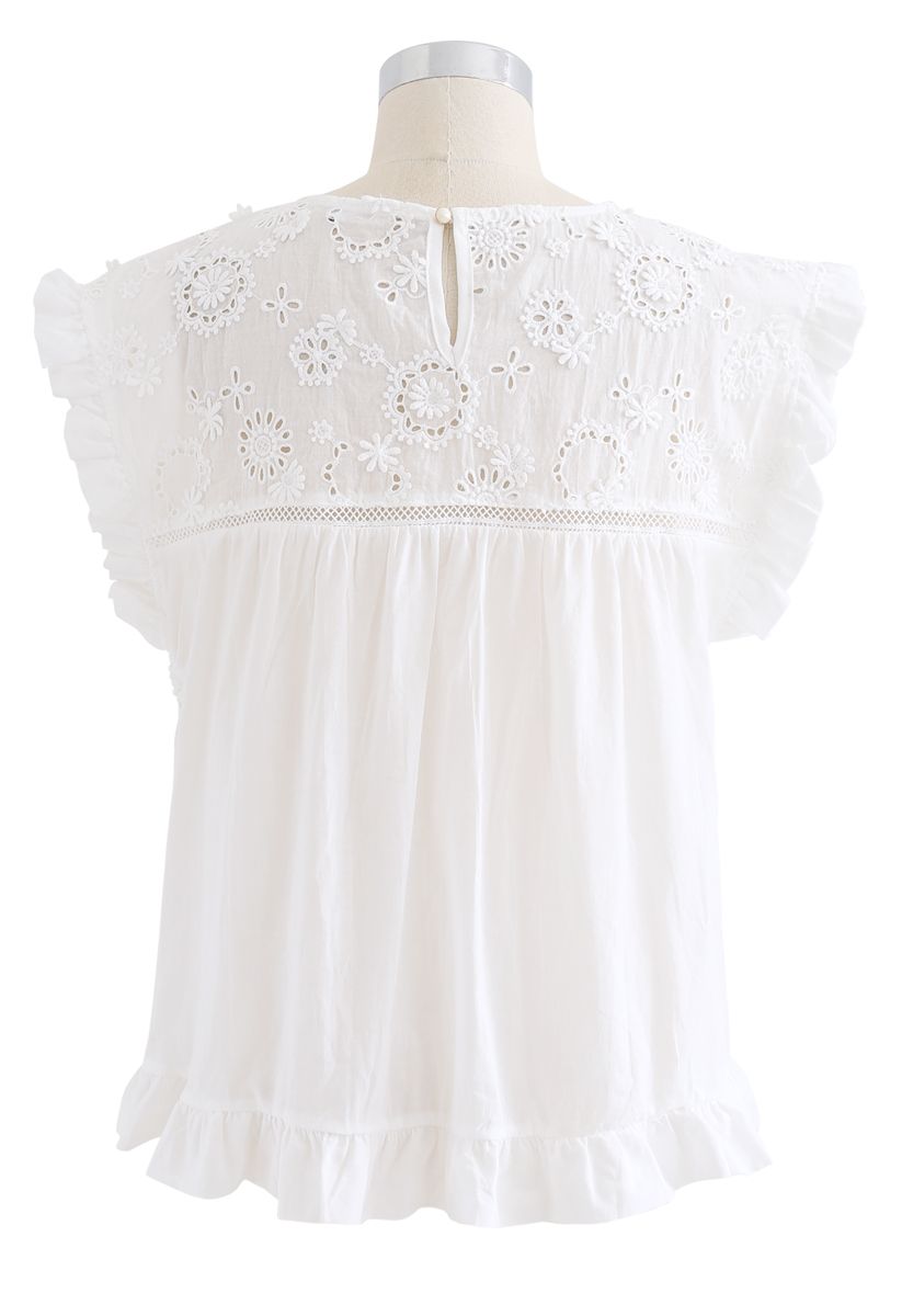 Embroidered Sunflower Eyelet Ruffle Top in White - Retro, Indie and ...