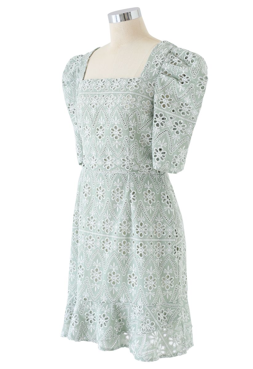 Zigzag Eyelet Floral Embroidered Square Neck Mini Dress in Pea Green ...