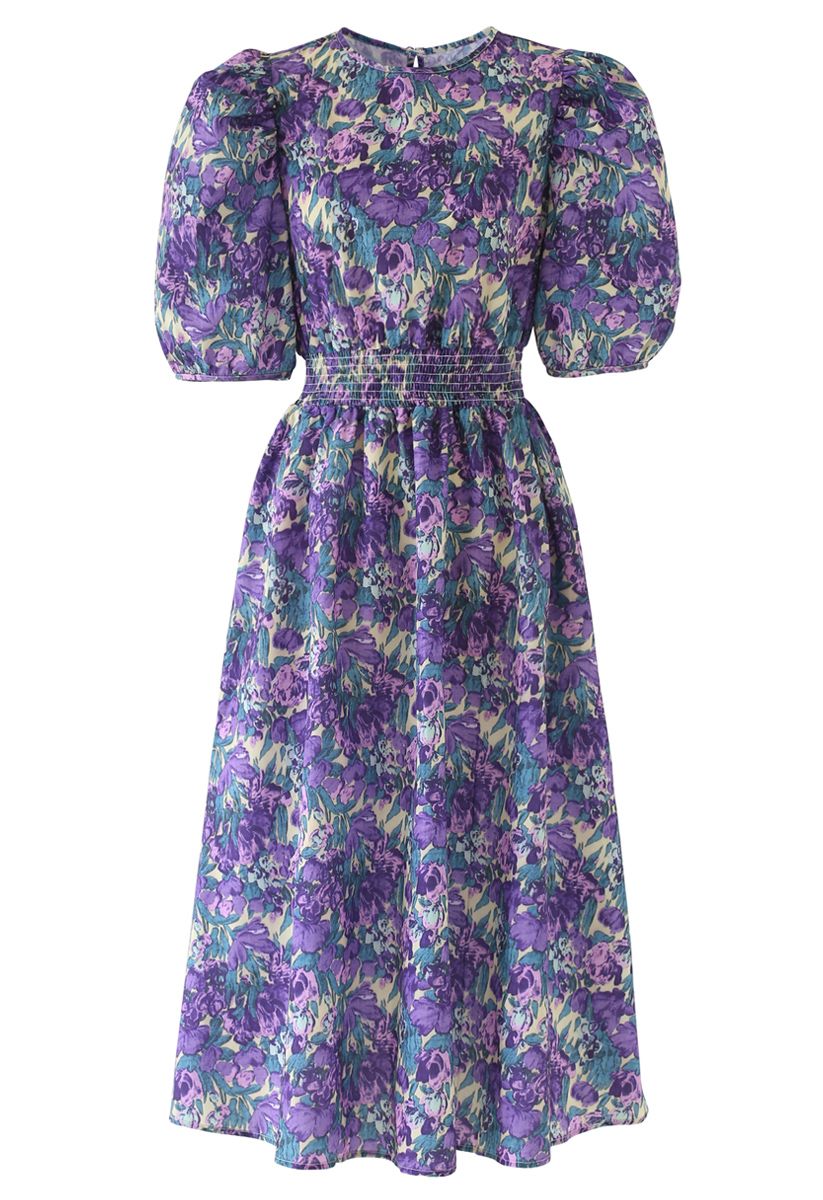 Floral Print Puff Sleeves Midi Dress in Purple