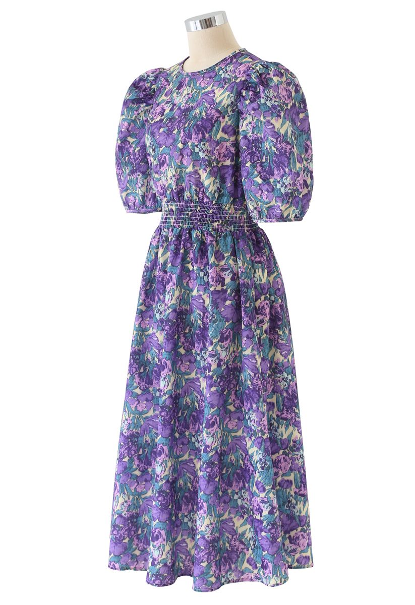Floral Print Puff Sleeves Midi Dress in Purple