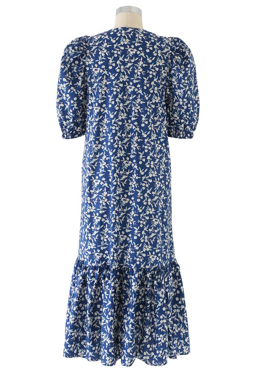 Floral Print Ruffle Dress in Blue