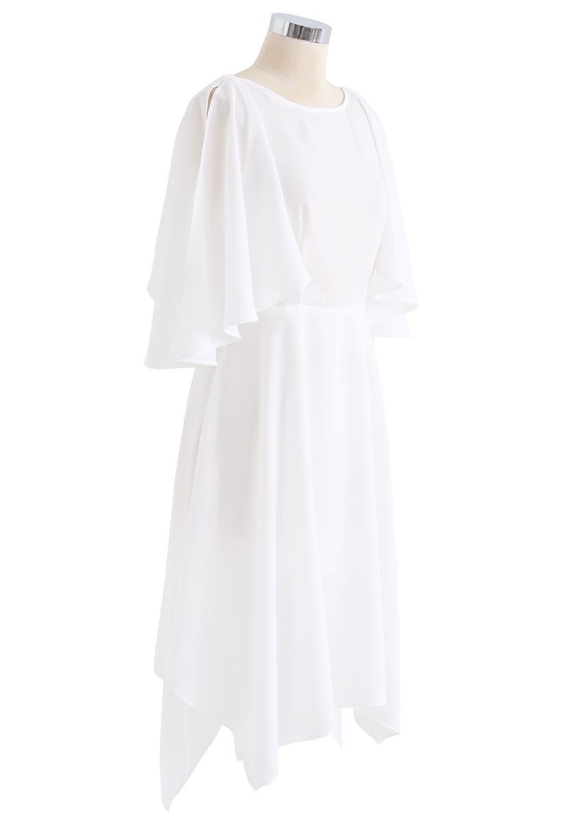 white cold shoulder midi dress
