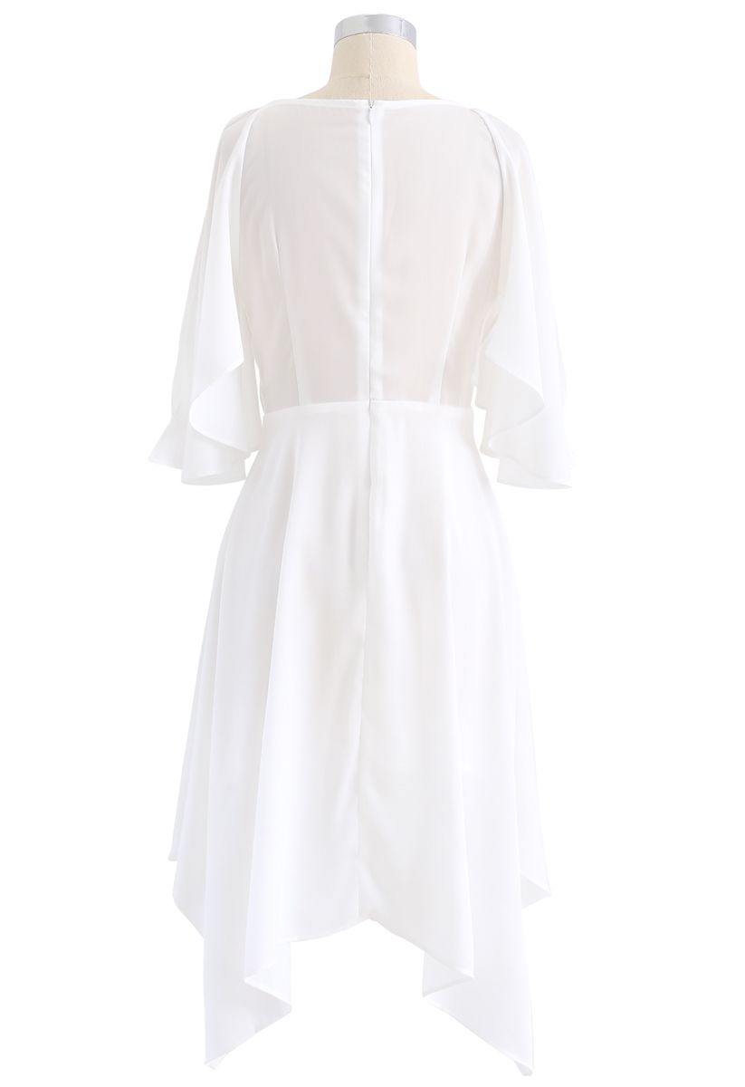 Asymmetric Cold-Shoulder Midi Dress in White