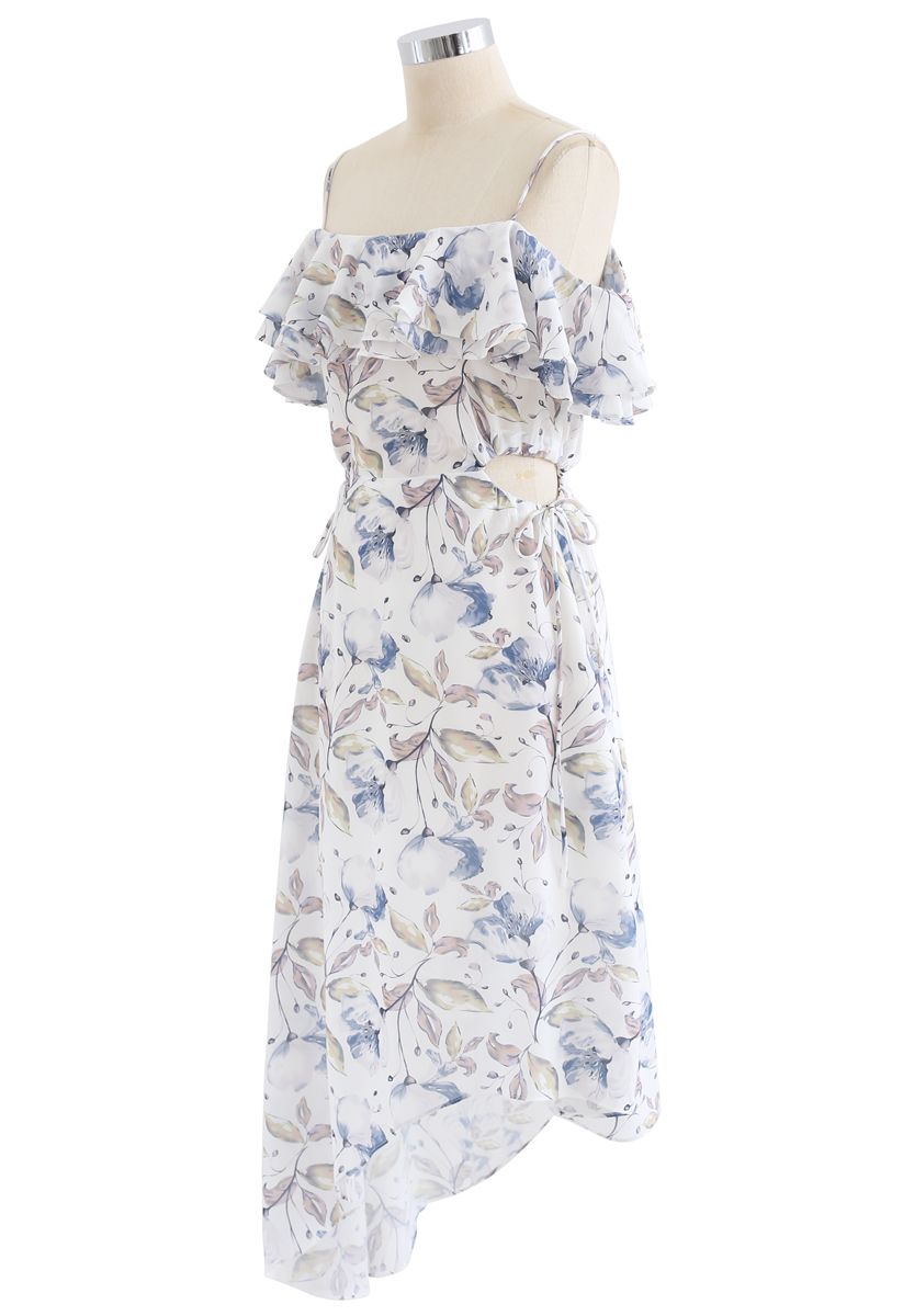 Floral Asymmetric Cold-Shoulder Dress - Retro, Indie and Unique Fashion