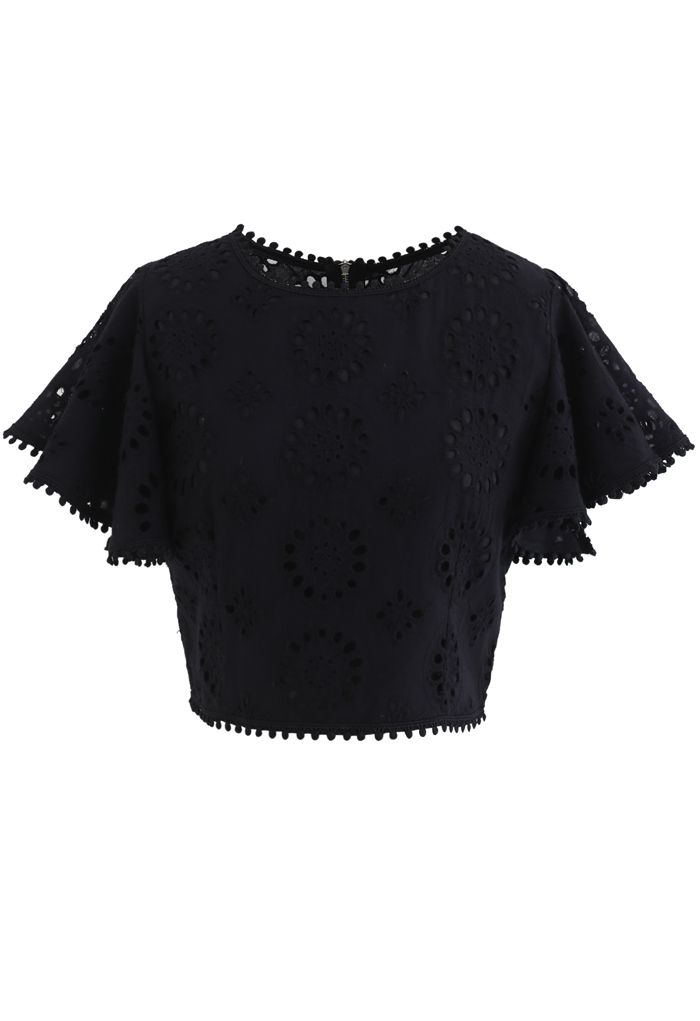Floral Eyelet Embroidered Ruffle Sleeves Crop Top in Black - Retro ...